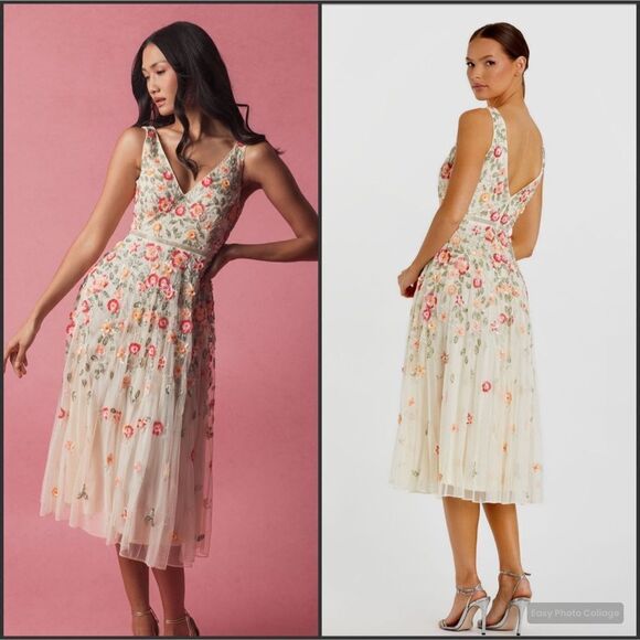 Mac Duggal Dresses & Skirts - Mac Duggal 5527 Cream V-Neck Sleeveless Midi Floral Beaded A-line Dress $598